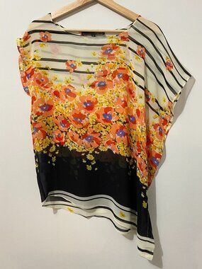 Asymmetric Sheer Short-Sleeved Blouse Stripes Vibrant Floral Print Career Artsy
